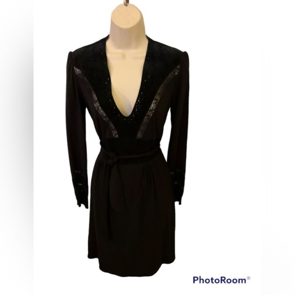 Women’s BCBGMAXAZRIA Black Dress with‎ Leather Lace Detail Tie Waist XS